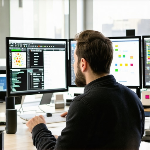 Digital marketer analyzing local SEO data with multiple screens in a modern office