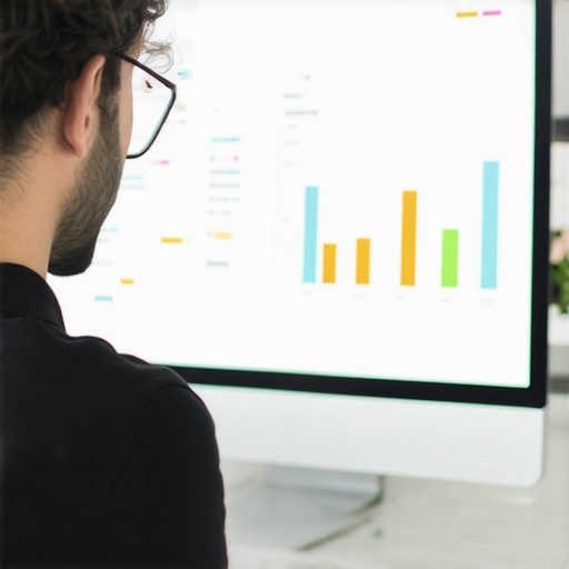 A marketer reviewing local SEO and GMB analytics on a computer.