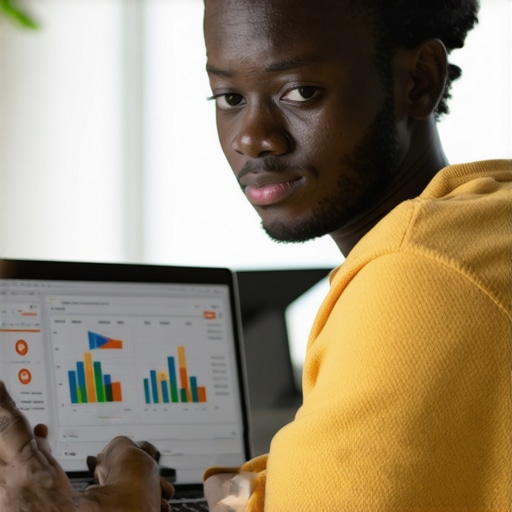 Business owner reviewing Google My Business insights on a laptop for local SEO.