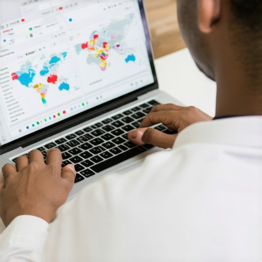 Person analyzing local SEO analytics on a laptop with charts and maps.