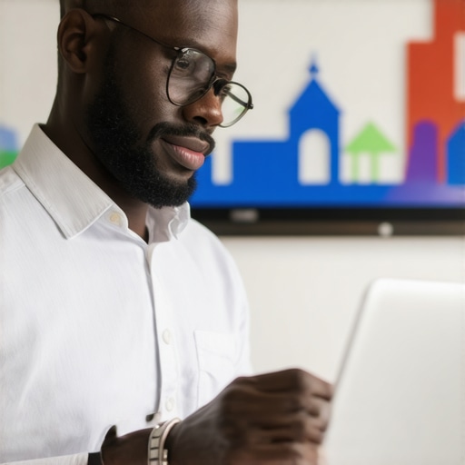 Business owner working on Google My Business profile with local landmarks in background