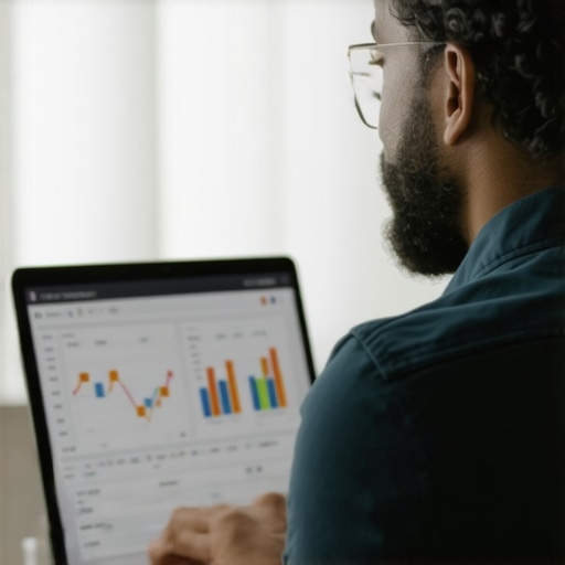 Optimizing GMB Profile for Local SEO Success Business owner optimizing Google My Business profile on a laptop with SEO analytics.