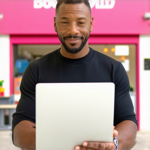 Business owner working on GMB profile on laptop with local storefront in background