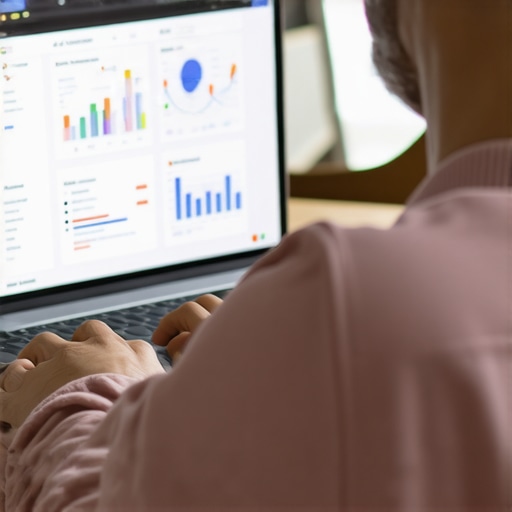 Business owner working on Google My Business profile optimization with charts and reviews.