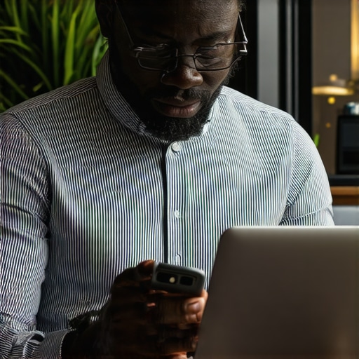 Business owner updating Google My Business profile on laptop and smartphone