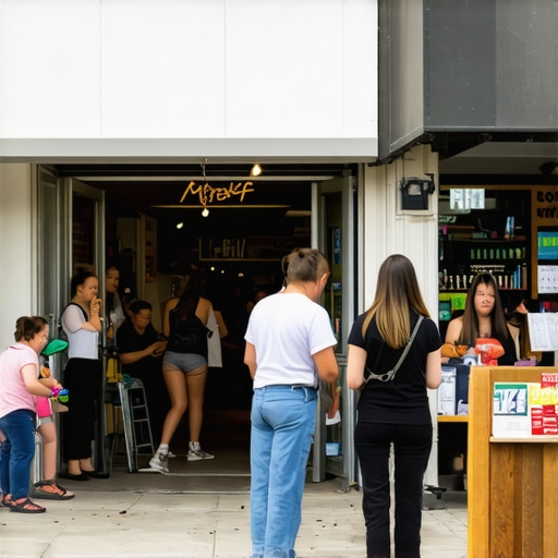 A busy street with local shops and community members interacting