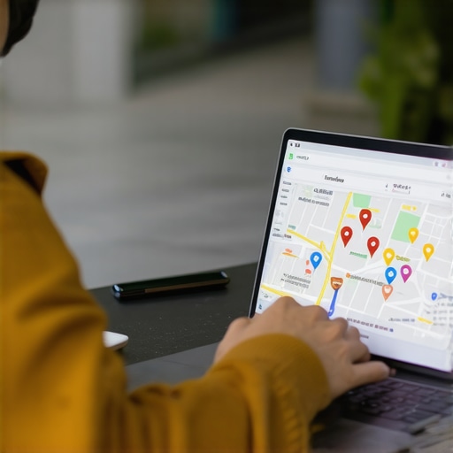 Business owner studying local SEO analytics with maps and a laptop.