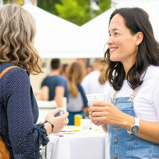 Business owner interacting with community members at a local event, illustrating community involvement for local SEO.