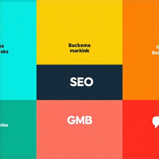 Infographic showing interconnected local SEO tactics including schema markup, backlinks, voice search, and Google My Business optimization.