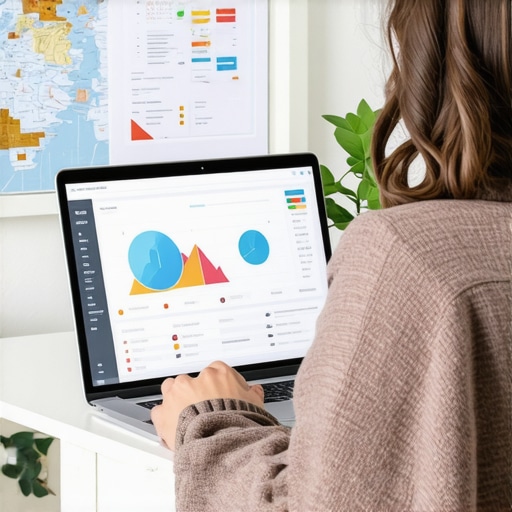 Person reviewing local SEO analytics on a laptop with graphical charts and maps.