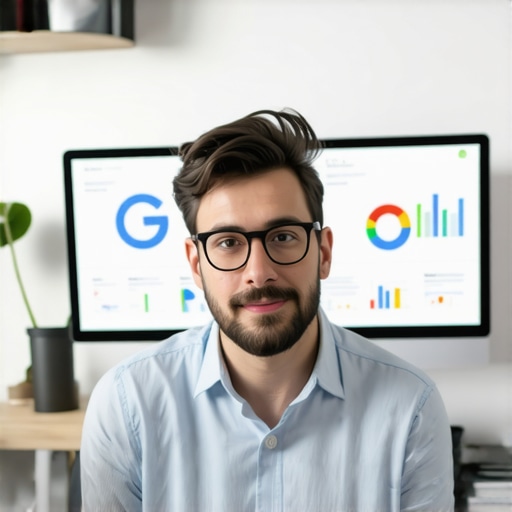 SEO professional reviewing GMB profile optimization with data charts.