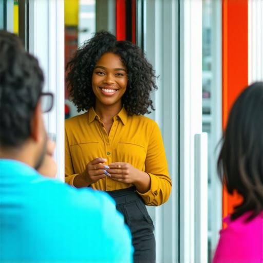 Business owner interacting with customers outside storefront
