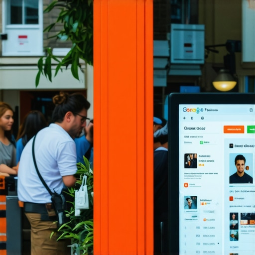 Local business storefront with a digital GMB profile showcasing reviews, photos, and keywords in an urban environment.