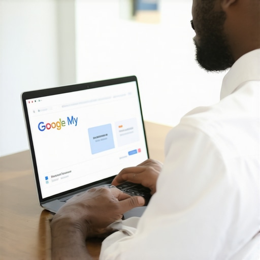 Business owner editing Google My Business profile on a laptop, surrounded by local SEO icons.
