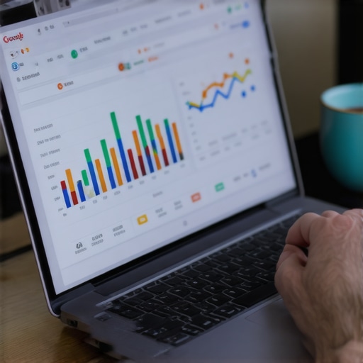 Business owner working on Google My Business profile with SEO charts