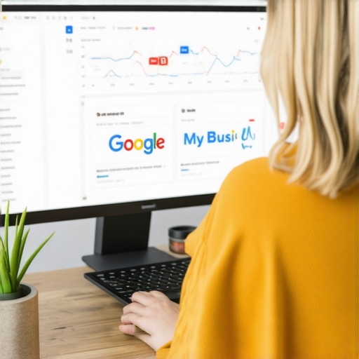 Person working on Google My Business profile with local SEO analytics on screen