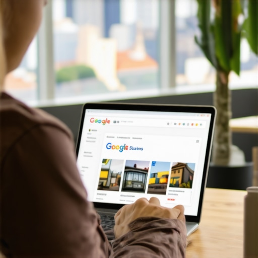 Optimizing GMB Profile for Local Search Business owner editing Google My Business profile on laptop in city setting.