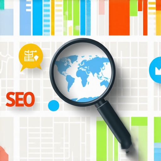 Illustration of a magnifying glass examining a city map with SEO icons