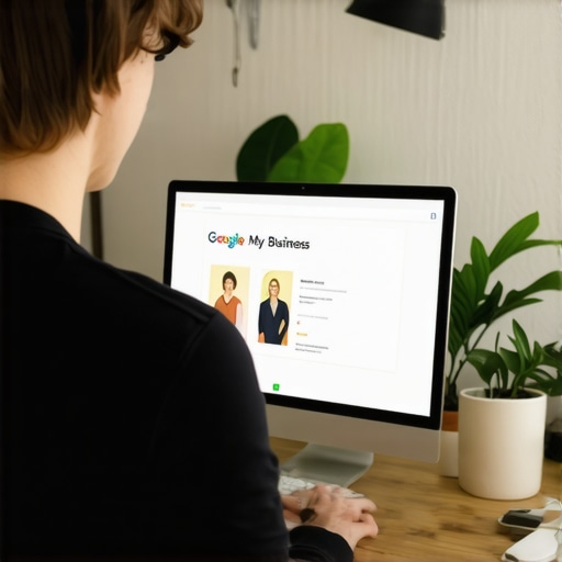 Business owner editing GMB profile on computer for local SEO improvement.