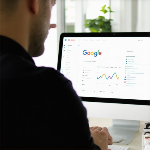 Business owner editing Google My Business profile on laptop with analytics visuals