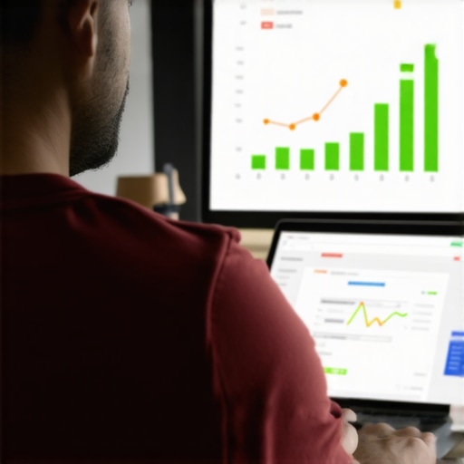 Business owner editing Google My Business profile on a laptop with rising rankings chart.