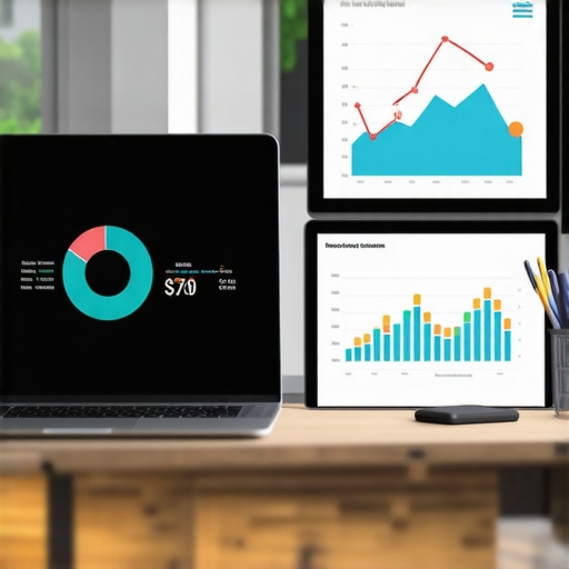 A workspace with a laptop displaying SEO analytics, charts, and digital marketing tools.