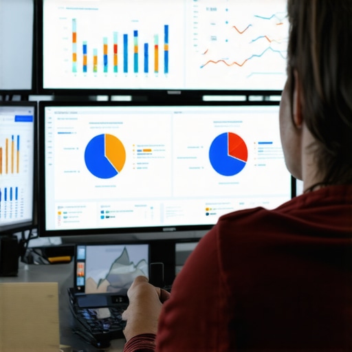 Marketing professional reviewing local SEO analytics on dual monitors, charts, and ranking reports.