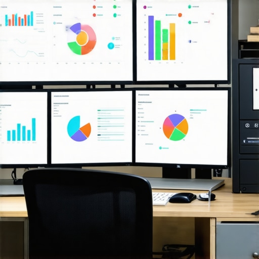 A workspace with multiple monitors showing various local SEO analytics and tools.