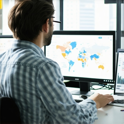 Local SEO Monitoring Tools in Action A person analyzing local SEO performance metrics on multiple computer screens, highlighting data-driven strategies.