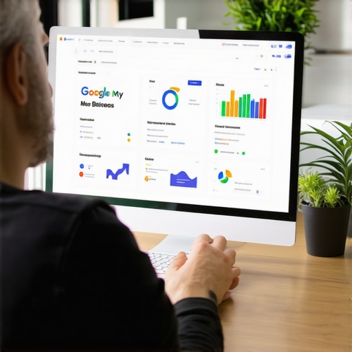 Business owner working on Google My Business profile with SEO tools
