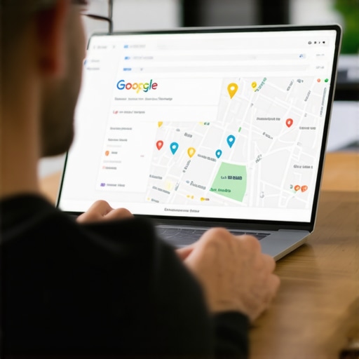 Business owner updating Google My Business profile on a laptop showing local map and reviews