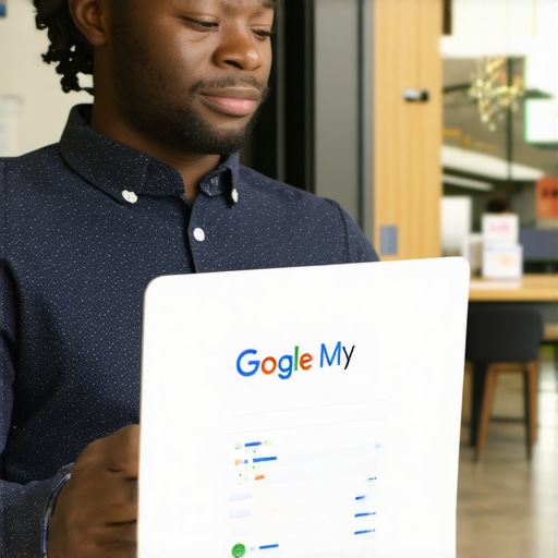 Small business owner enhancing Google My Business listing on computer