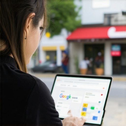 Business owner updating GMB profile on laptop in storefront setting