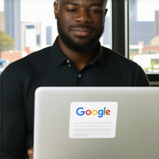 Business owner optimizing Google My Business profile on laptop with city view