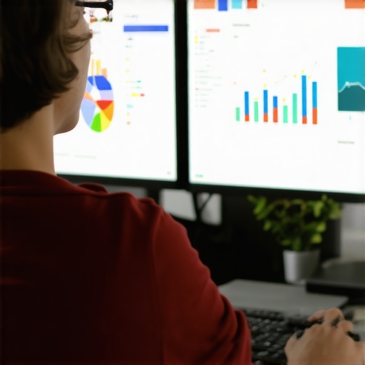 Digital marketer analyzing local SEO metrics on multiple screens with dashboards