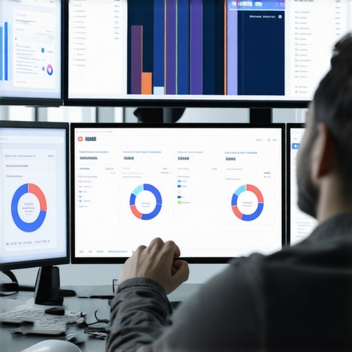 Person reviewing local SEO performance dashboards on multiple screens, emphasizing data-driven maintenance.