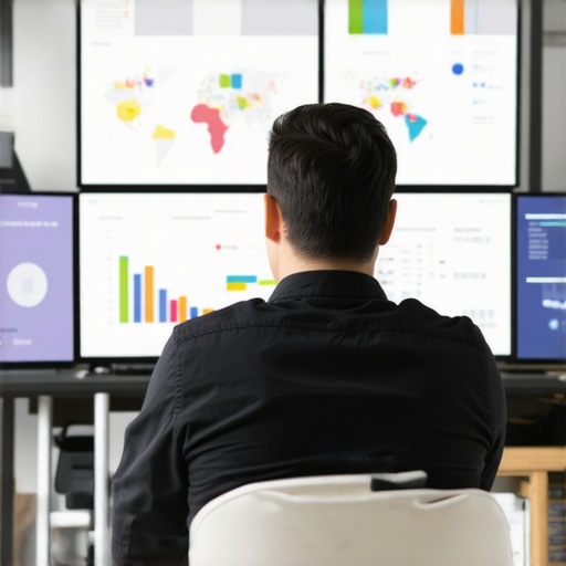 Expert analyzing local SEO performance on multiple digital screens with maps and graphs