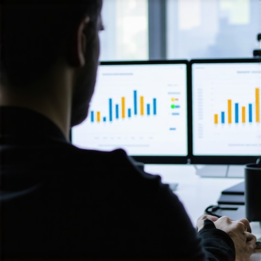 Local SEO Analysis in Action Person analyzing local SEO data on three screens.