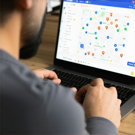 Optimizing GMB Profile Business owner working on Google My Business profile on laptop with maps and analytics