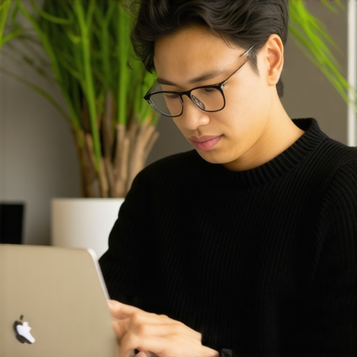 Business owner optimizing Google My Business profile on laptop in an office environment