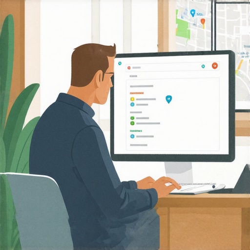 A person editing schema code on a laptop with Google Maps displayed behind