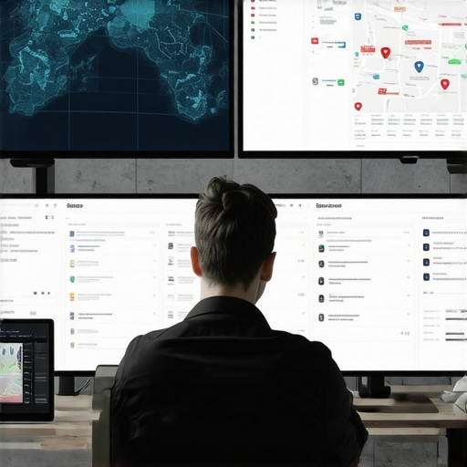 A workspace with screens displaying SEO analytics, maps, and social media data to represent local SEO management tools.