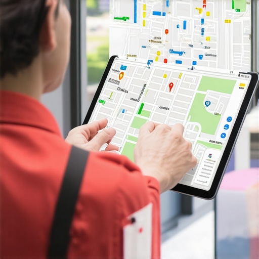 Business owner reviewing neighborhood maps and landmarks on a tablet