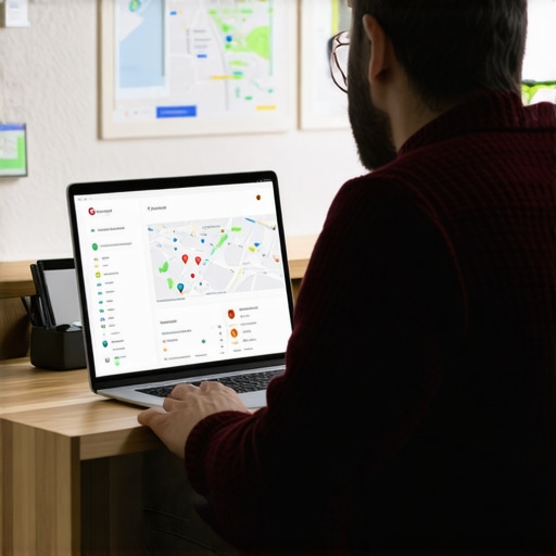 Business owner working on Google My Business profile with local SEO tools,