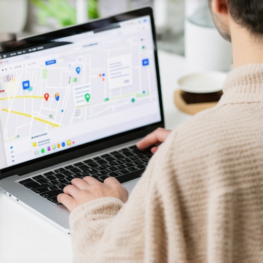 Business owner optimizing GMB profile with local city map on screen