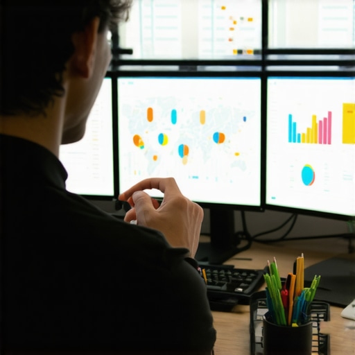 Person analyzing local SEO data on multiple monitors with maps and graphs.