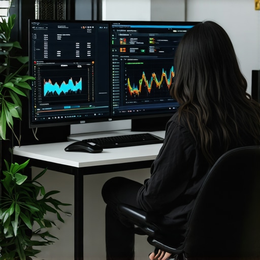 SEO tools and data analytics workspace Person analyzing local SEO performance dashboards on multiple screens