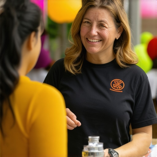 Business owner interacting with local residents at a neighborhood event, demonstrating community involvement.